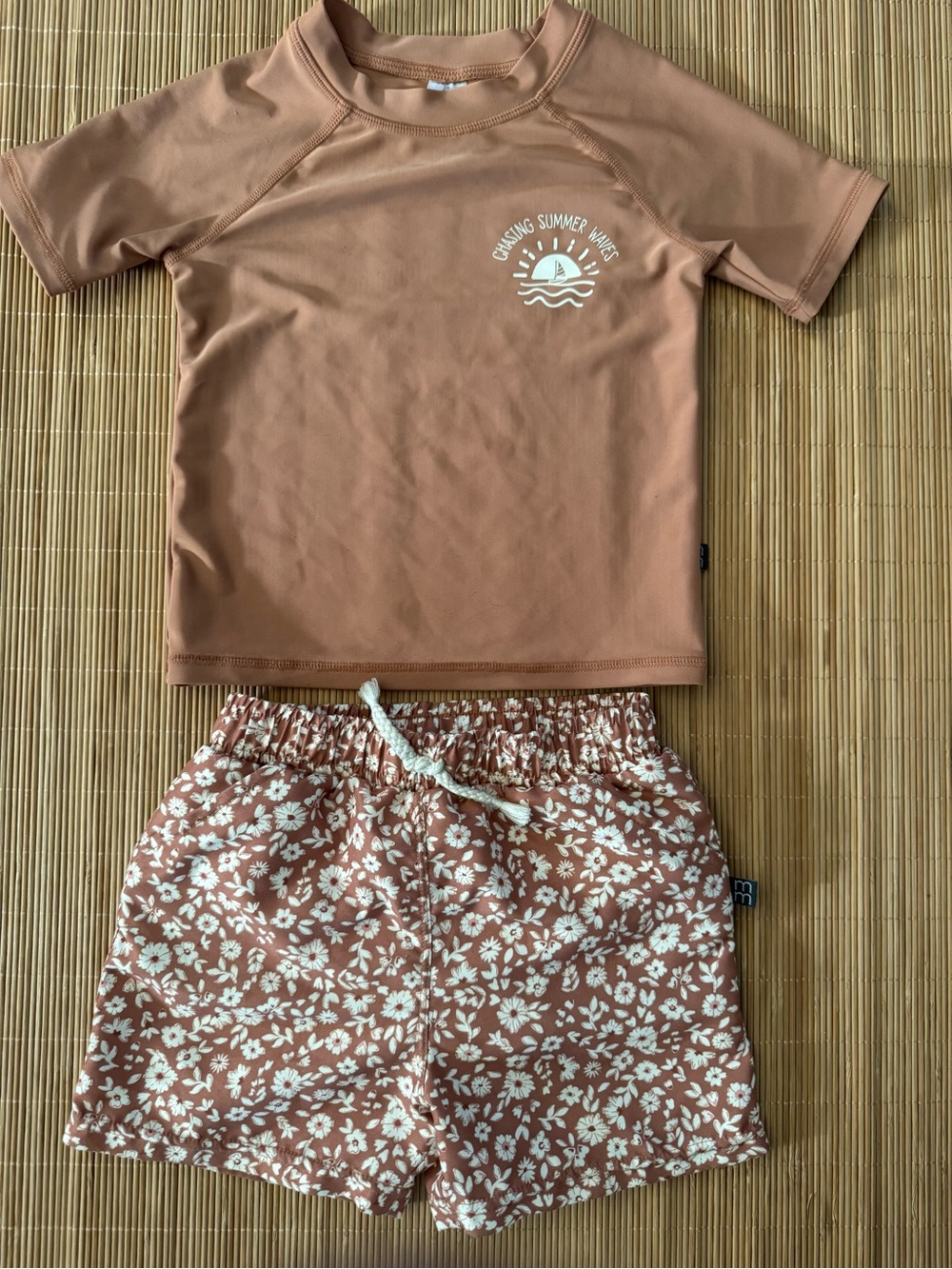 Gerber Brown Two-Piece Rash Guard Set with Floral Swim Shorts